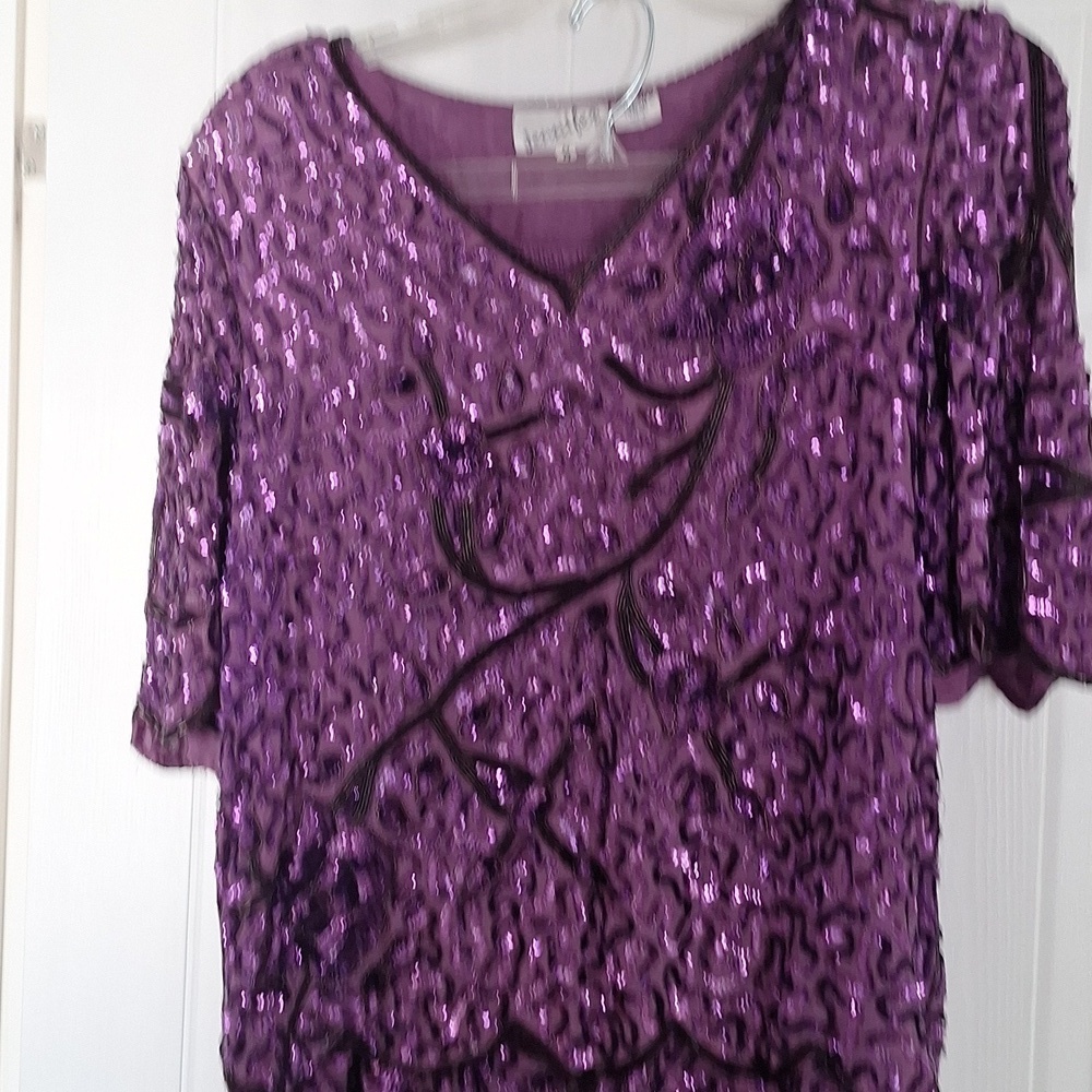 Purple Beaded Sheer sequin 2pc Top And Skirt - Picture 7 of 17